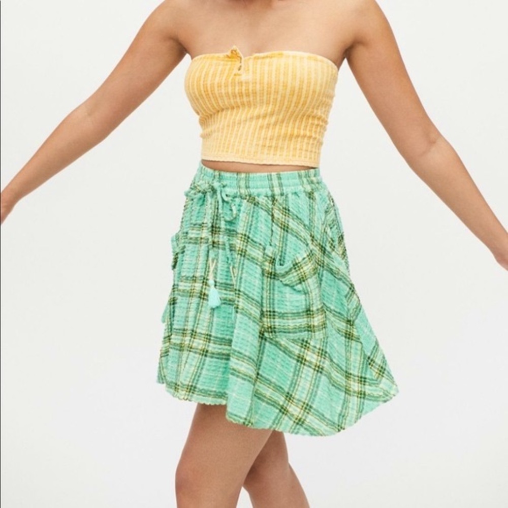 NWT UO Mint Plaid Crinkle Free Spirit Tassel Skirt